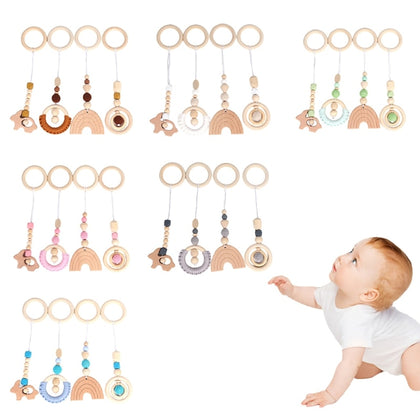 4 Pcs Baby Play Gym Frame Stroller Hanging Pendants Wooden Ring Teether